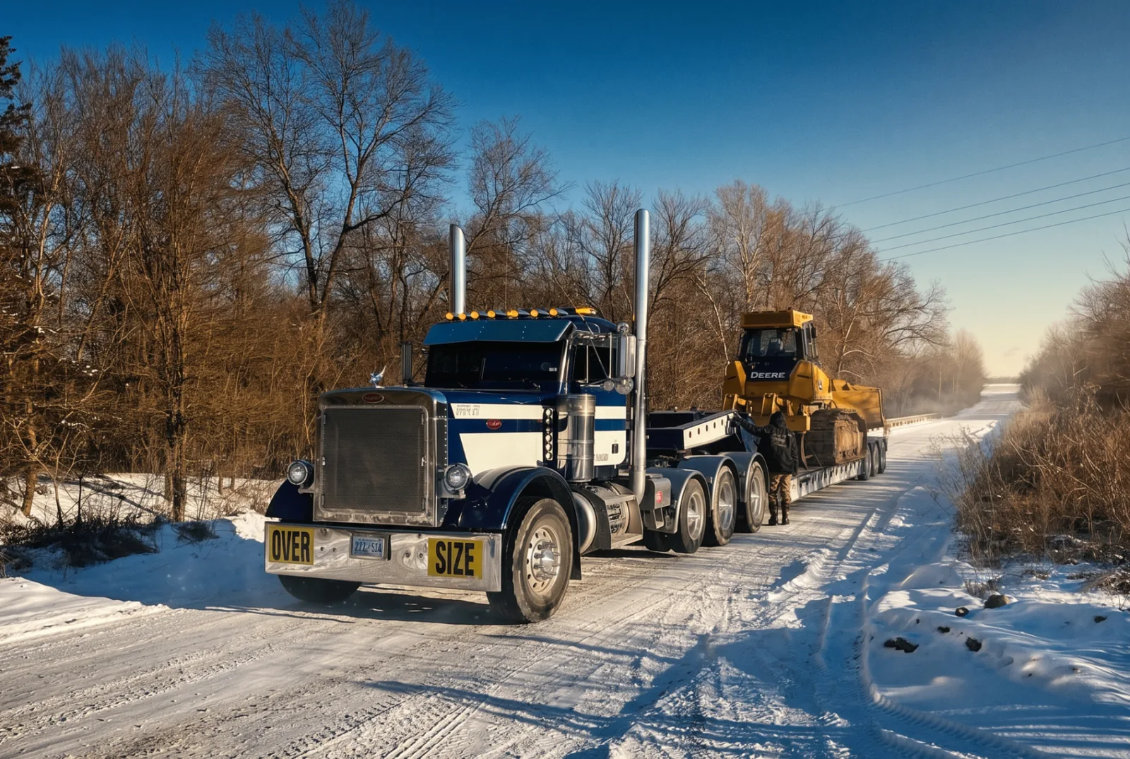 Peterbilt dump truck and Deere excavator loading dirt at sunset on a wet jobsite