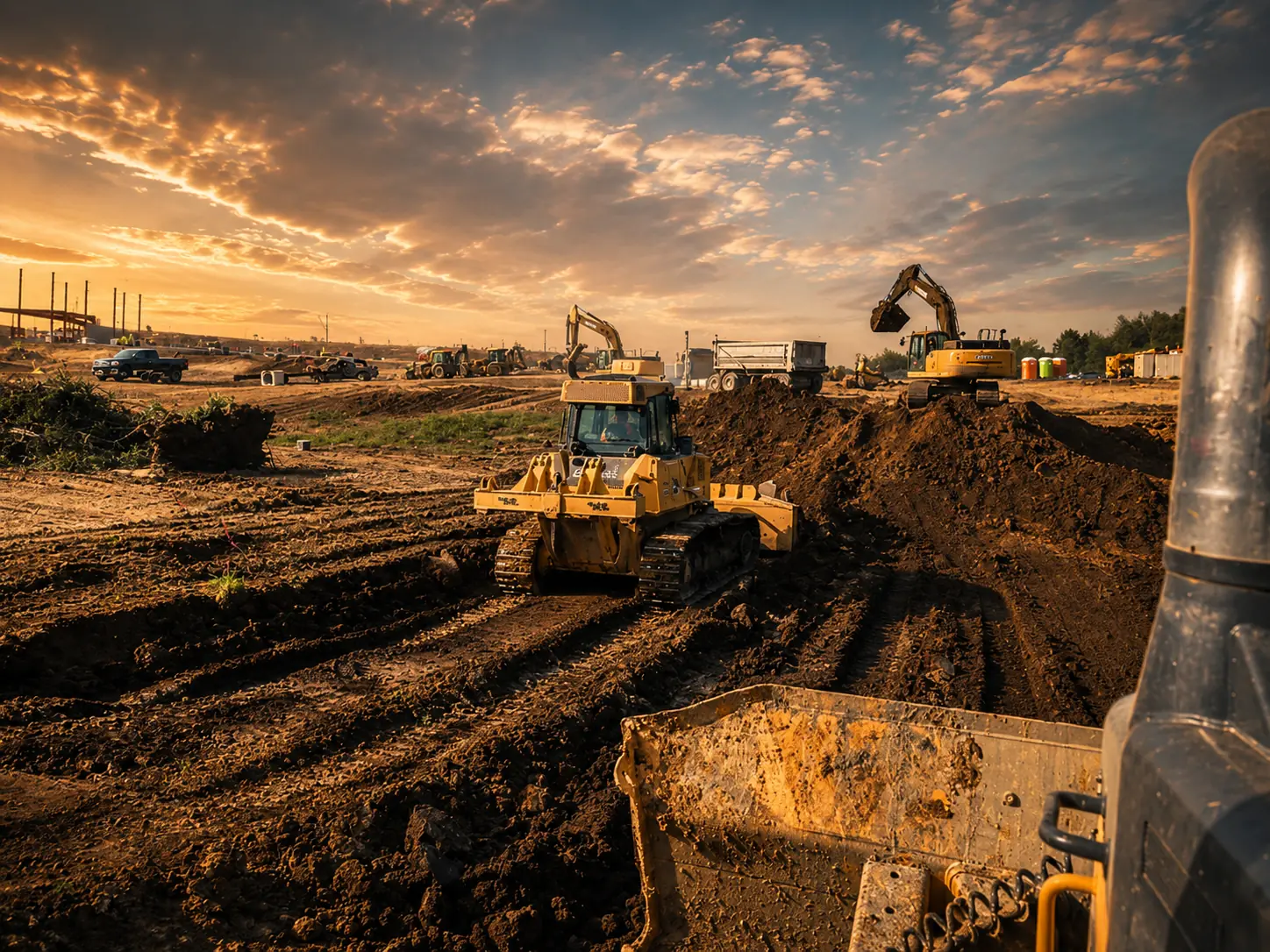 Hydraulic excavator on a civil construction site at golden hour