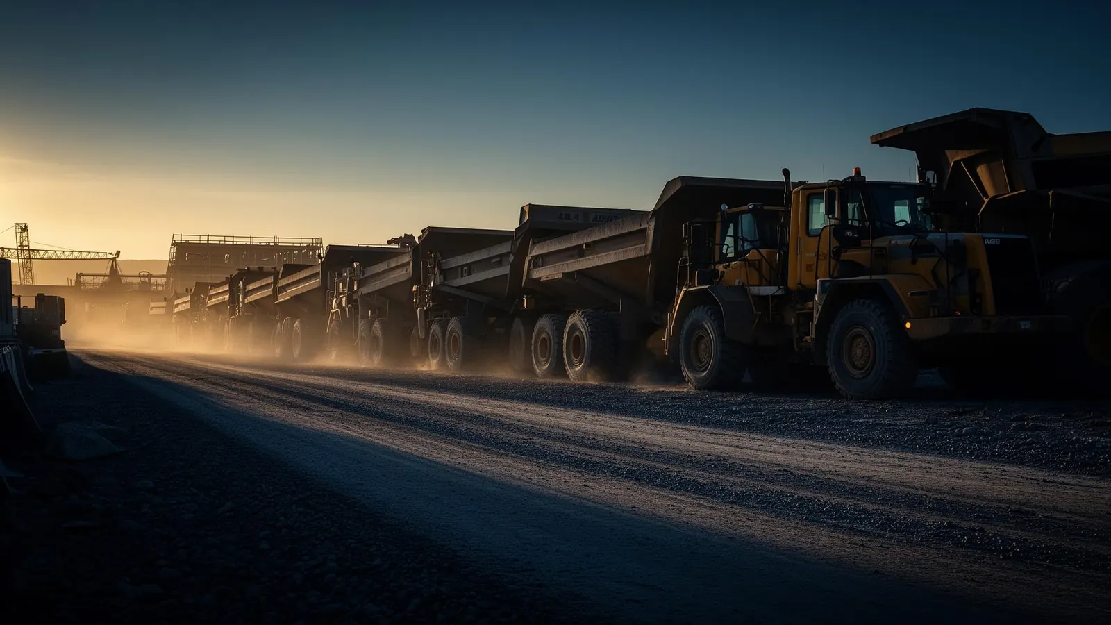 Dump truck fleet staged at a construction yard at dawn
